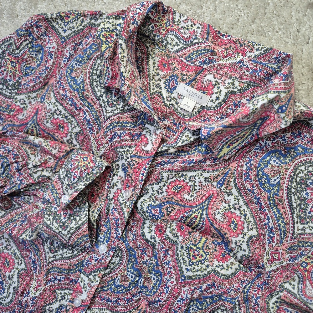Talbots Button Up Shirt Large Pink Paisley Cotton Roll Tab Eccentric Hippie Boho